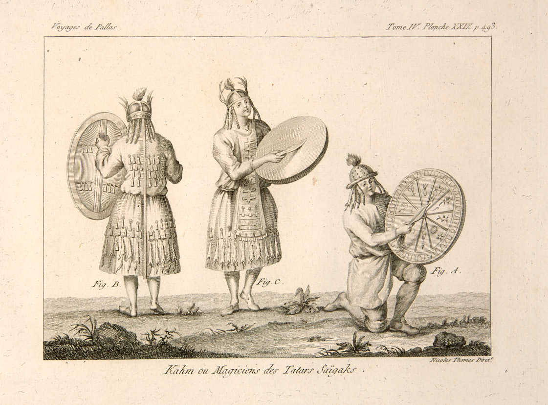 Антикварная гравюра. Татарские шаманы в церемониальной одежде. 1793 год.
