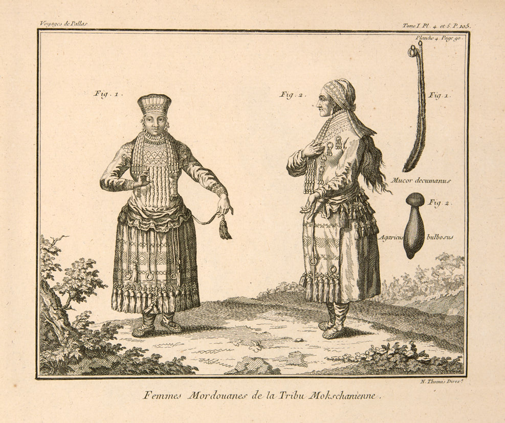 Антикварная гравюра. Мордовки из финно-угорского народа мокша 1793 год.