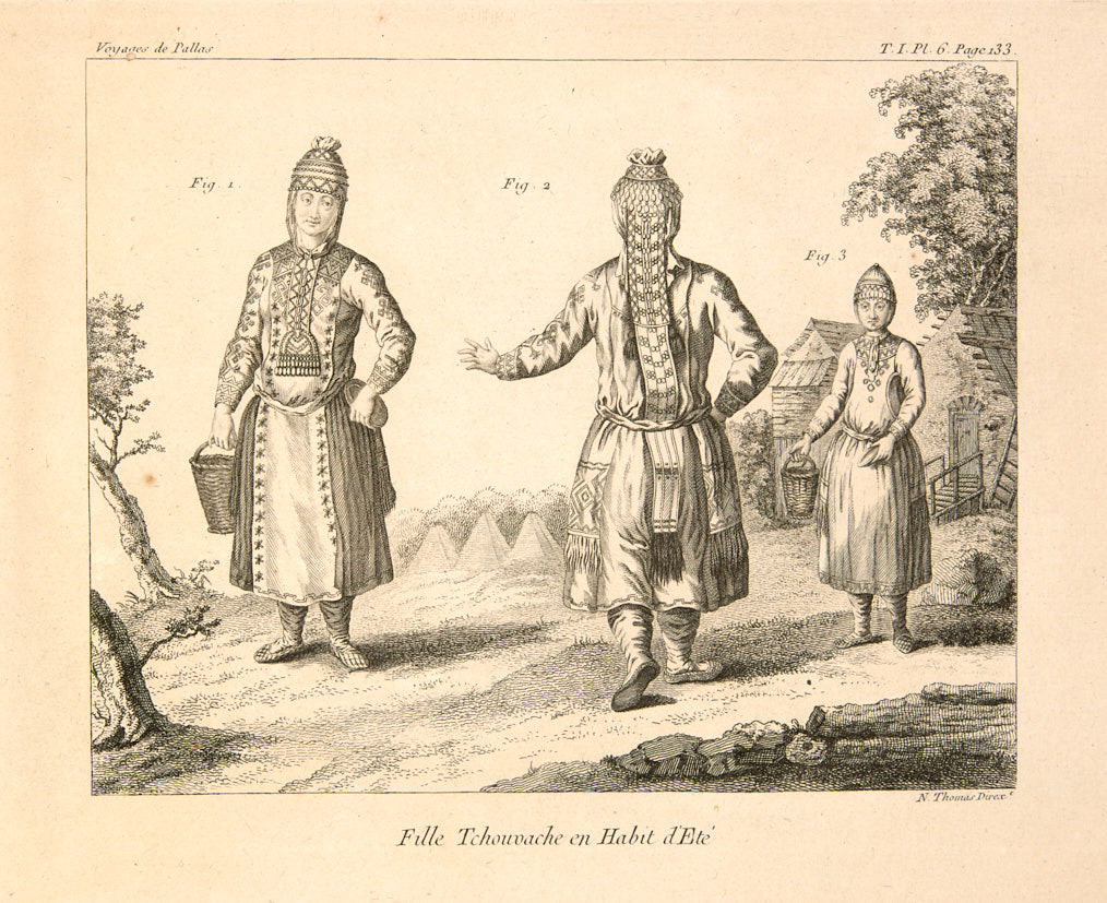 Антикварная гравюра. Чувашский женский костюм 1793 год.