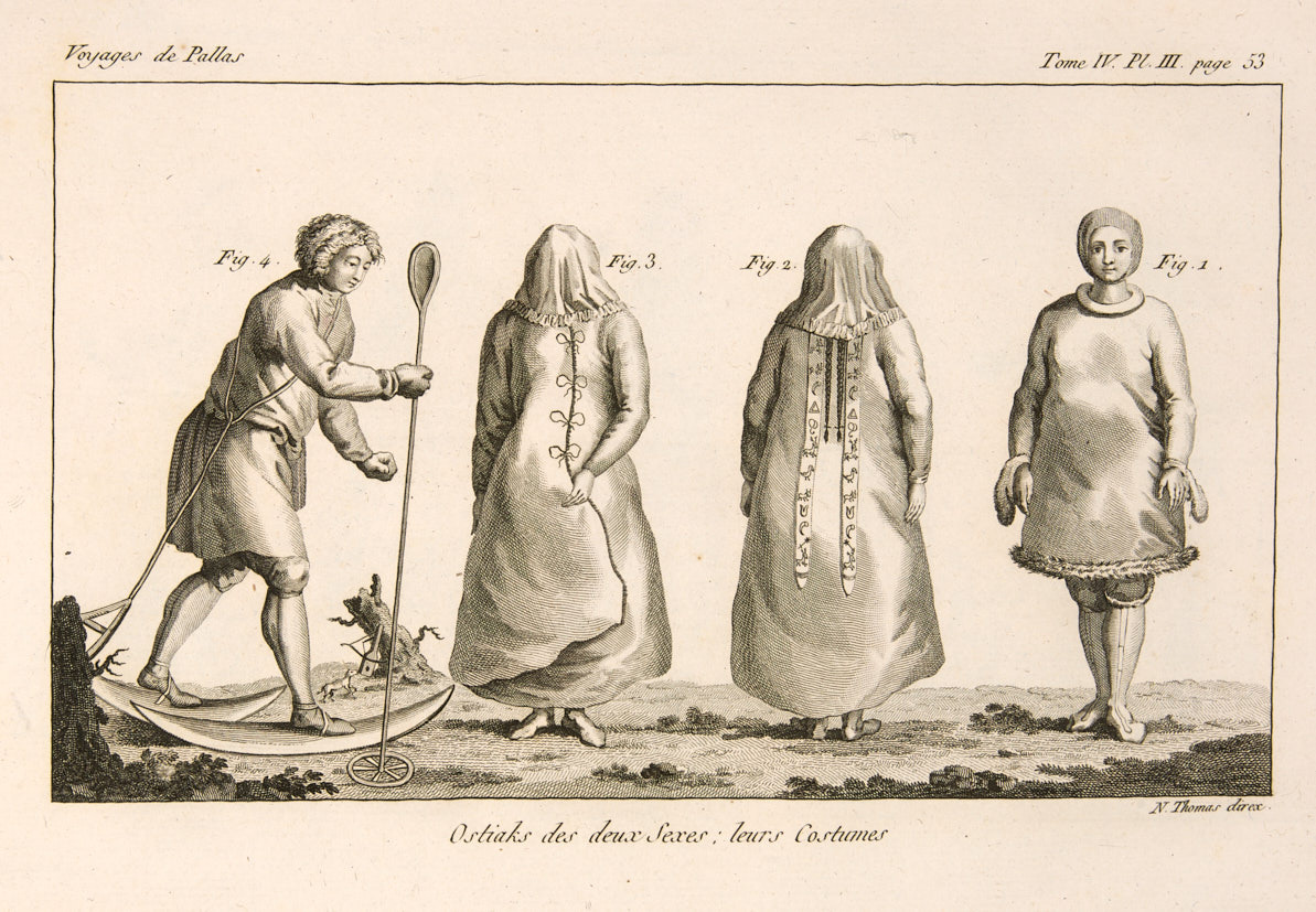 Антикварная гравюра. Остяки, или ханты в национальных костюмах. 1793 год.